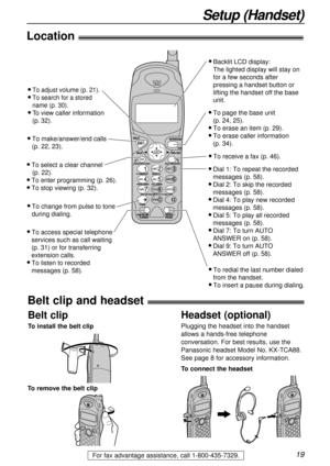 Page 1919
Setup (Handset)
For fax advantage assistance, call 1-800-435-7329.
Location)
l To make/answer/end calls 
(p. 22, 23).
l Dial 1: To repeat the recorded 
messages (p. 58).
l Dial 2: To skip the recorded 
messages (p. 58).
l Dial 4: To play new recorded 
messages (p. 58).
l Dial 5: To play all recorded 
messages (p. 58).
l Dial 7: To turn AUTO 
ANSWER on (p. 58).
l Dial 9: To turn AUTO 
ANSWER off (p. 58).
l To change from pulse to tone 
during dialing.
l To access special telephone 
services such as...