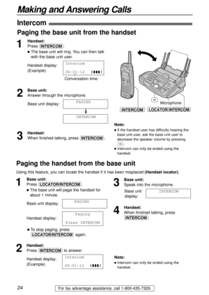 Page 2424
Making and Answering Calls
For fax advantage assistance, call 1-800-435-7329.
Paging the handset from the base unit
Using this feature, you can locate the handset if it has been misplaced (Handset locator).
1
Base unit:
Press ÑÒ.
lThe base unit will page the handset for
about 1 minute.
Base unit display:
Handset display:
lTo stop paging, press 
ÑÒagain.
2
Handset:
Press ‰to answer.
Handset display:
(Example)Intercom
00-01-12
1111 Paging
Press1INTERCOM
@@@@PAGING
3
Base unit:
Speak into the...