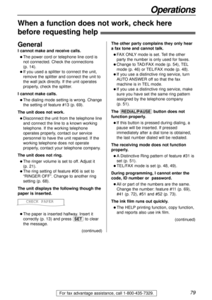 Page 7979
Operations
For fax advantage assistance, call 1-800-435-7329.
When a function does not work, check here 
before requesting help!
I cannot make and receive calls.
l The power cord or telephone line cord is
not connected. Check the connections 
(p. 14).
l If you used a splitter to connect the unit,
remove the splitter and connect the unit to
the wall jack directly. If the unit operates
properly, check the splitter.
I cannot make calls.
l The dialing mode setting is wrong. Change
the setting of feature...