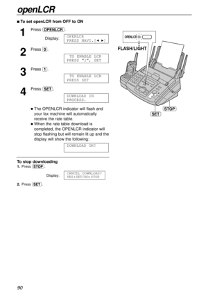 Page 9090
openLCR
1
Press ’.
Display:
2
Press 0.
3
Press 1.
4
Pressw.
lThe OPENLCR indicator will flash and
your fax machine will automatically
receive the rate table.
lWhen the rate table download is
completed, the OPENLCR indicator will
stop flashing but will remain lit up and the
display will show the following:
DOWNLOAD OK!
DOWNLOAD IN 
PROCESS.
TO ENABLE LCR
PRESS SET
TO ENABLE LCR
PRESS “1”, SET
OPENLCR
PRESS NAVI.[IH]
nTo set openLCR from OFF to ON
To stop downloading
1.Press {.
Display:
2.Press w
....