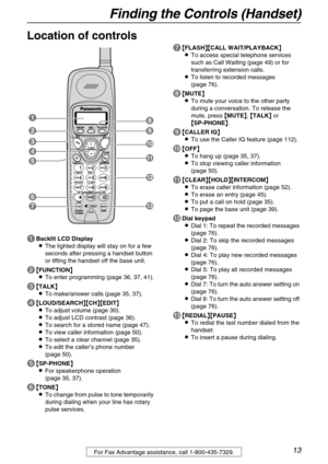 Page 13Finding the Controls (Handset)
13For Fax Advantage assistance, call 1-800-435-7329.
Finding the Controls (Handset)
Location of controls
A
AA ABacklit LCD Display
LThe lighted display will stay on for a few 
seconds after pressing a handset button 
or lifting the handset off the base unit.
B
BB B{
{{ {FUNCTION}
}} }
LTo enter programming (page 36, 37, 41).
C
CC C{
{{ {TALK}
}} }
LTo make/answer calls (page 35, 37).
D
DD D{
{{ {LOUD/SEARCH}{
}{}{ }{CH}{
}{}{ }{EDIT}
}} }
LTo adjust volume (page 30).
LTo...