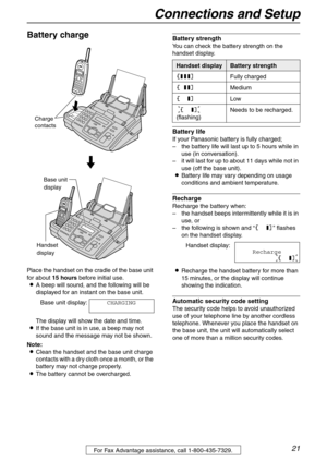 Page 21Connections and Setup
21For Fax Advantage assistance, call 1-800-435-7329.
Battery charge
Place the handset on the cradle of the base unit 
for about 15 hours before initial use.
LA beep will sound, and the following will be 
displayed for an instant on the base unit.
Base unit display:CHARGING
The display will show the date and time.
LIf the base unit is in use, a beep may not 
sound and the message may not be shown.
Note:
LClean the handset and the base unit charge 
contacts with a dry cloth once a...