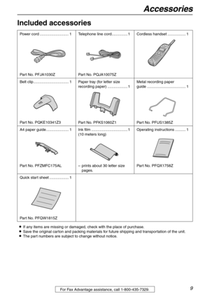 Page 9Accessories
9For Fax Advantage assistance, call 1-800-435-7329.
Initial Preparation
Included accessories 
LIf any items are missing or damaged, check with the place of purchase.
LSave the original carton and packing materials for future shipping and transportation of the unit.
LThe part numbers are subject to change without notice. Power cord ........................... 1
Part No. PFJA1030ZTelephone line cord............... 1
Part No. PQJA10075ZCordless handset ................. 1
Belt...