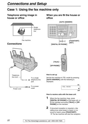 Page 22Connections and Setup
22For Fax Advantage assistance, call 1-800-435-7329.
Case 1: Using the fax machine only
Telephone wiring image in 
house or office
ConnectionsWhen you are IN the house or 
office
How to set up
Set the fax machine to TEL mode by pressing 
{AUTO ANSWER} until the following is 
displayed.
How to receive calls with the base unit
1When the fax machine rings, press 
{DIGITAL SP-PHONE} on the base unit, or 
lift the handset and press {TA L K} or {SP-
PHONE} on the handset.
2If document...