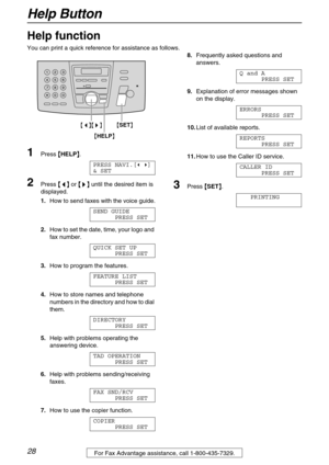 Page 28Help Button
28For Fax Advantage assistance, call 1-800-435-7329.
Help Button
Help function 
You can print a quick reference for assistance as follows.
1Press {
{{ {HELP}
}} }.
PRESS NAVI.[( )] 
& SET
2Press {
{{ {<
> >}
}} } until the desired item is 
displayed.
1.How to send faxes with the voice guide.
SEND GUIDE
PRESS SET
2.How to set the date, time, your logo and 
fax number.
QUICK SET UP
PRESS SET
3.How to program the features.
FEATURE LIST
PRESS SET
4.How to store names and telephone 
numbers in the...
