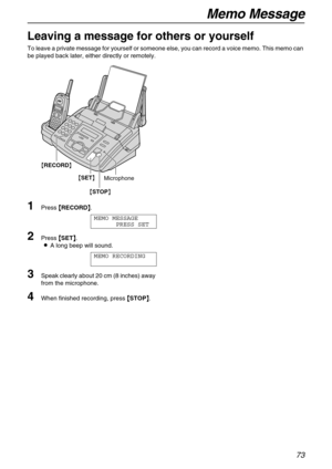 Page 73Memo Message
73
Memo Message 
Leaving a message for others or yourself
To leave a private message for yourself or someone else, you can record a voice memo. This memo can 
be played back later, either directly or remotely.
1Press {
{{ {RECORD}
}} }.
MEMO MESSAGE
PRESS SET
2Press {
{{ {SET}
}} }.
LA long beep will sound.
MEMO RECORDING
3Speak clearly about 20 cm (8 inches) away 
from the microphone.
4When finished recording, press {
{{ {STOP}
}} }.
{SET}
{RECORD}
{STOP}
Microphone 