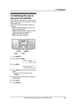 Page 212. Preparation
19
For Fax Advantage assistance, call 1-800-435-7329.
2.3 Selecting the way to 
use your fax machine
Depending on your situation, you can select the 
way you prefer to use your fax machine in Quick 
Setup feature #00.
You can print out the Quick Setup Guide as a 
reference.
–Case 1: TAM/FAX (Telephone Answering 
Machine/Fax) (page 20)
–Case 2: Distinctive Ring (1 phone line with 2 
or more phone numbers) (page 21)
–Case 3: TEL ONLY (page 22)
–Case 4: FAX ONLY (page 24)
1Press {MENU}....