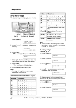 Page 302. Preparation
28
For Fax Advantage assistance, call 1-800-435-7329.
2.12 Your logo
The logo can be your company, division or name.
1Press {MENU}.
SYSTEM SETUP
PRESS NAVI.[()]
2Press {} repeatedly to display the 
following.
YOUR LOGO
PRESS SET
3Press {SET}.
LThe cursor (|) will appear on the display.
LOGO=|
4Enter up to 30 characters for your logo. See 
the character table on page 28 for details.
5Press {SET}.
LThe next feature will be displayed.
6Press {MENU} to exit the program.
Note:
LYour logo will...