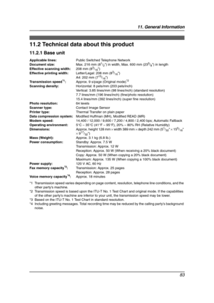 Page 8511. General Information
83
11.2 Technical data about this product
11.2.1 Base unit
*1 Transmission speed varies depending on page content, resolution, telephone line conditions, and the 
other party’s machine.
*2 Transmission speed is based upon the ITU-T No. 1 Test Chart and original mode. If the capabilities 
of the other party’s machine are inferior to your unit, the transmission speed may be lower.
*3 Based on the ITU-T No. 1 Test Chart in standard resolution.
*4 Including greeting messages. Total...