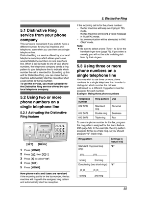 Page 575. Distinctive Ring
55
5 Distinctive Ring Distinctive Ring
5.1 Distinctive Ring 
service from your phone 
company
This service is convenient if you wish to have a 
different number for your fax machine and 
telephone, even when you use them on a single 
telephone line.
Distinctive Ring is a service offered by your local 
telephone company which allows you to use 
several telephone numbers on one telephone 
line. When a call is made to one of your phone 
numbers, the telephone company sends a ring...