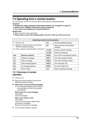 Page 657. Answering Machine
63
Remote Operation
7.5 Operating from a remote location
You can call your unit from a remote location and access the answering machine.
Important:
LProgram the remote operation ID beforehand (feature #11 on page 69, or page 77).
LSet the unit to TAM/FAX mode before going out (page 52).
LUse a touch tone telephone for remote operations.
Helpful hints:
LWhen you press a key, press firmly.
LPlease make a copy of the following table, and carry it with you when you go out.
7.5.1 Summary...