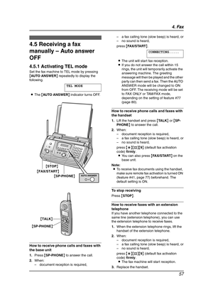 Page 594. Fax
57
Receiving Faxes
4.5 Receiving a fax 
manually – Auto answer 
OFF
4.5.1 Activating TEL mode
Set the fax machine to TEL mode by pressing 
{AUTO ANSWER} repeatedly to display the 
following.
TEL MODE
LThe {AUTO ANSWER} indicator turns OFF.
How to receive phone calls and faxes with 
the base unit
1.Press {SP-PHONE} to answer the call.
2.When:
–document reception is required,–a fax calling tone (slow beep) is heard, or
–no sound is heard,
press {FAX/START}.
CONNECTING.....
LThe unit will start fax...