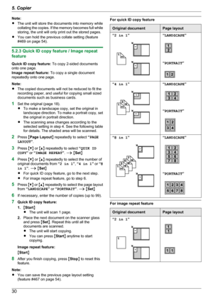 Page 30Note:
R The unit will store the documents into memory while
collating the copies. If the memory becomes full while
storing, the unit will only print out the stored pages.
R You can hold the previous collate setting (feature
#469 on page 54).
5.2.3 Quick ID copy feature / Image repeat
feature
Quick ID copy feature:  To copy 2-sided documents
onto one page.
Image repeat feature:  To copy a single document
repeatedly onto one page.
Note:
R The copied documents will not be reduced to fit the
recording paper,...