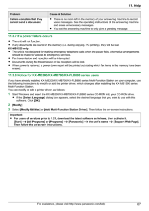 Page 67ProblemCause & SolutionCallers complain that they
cannot send a document.R There is no room left in the memory of your answering machine to record
voice messages. See the operating instructions of the answering machine
and erase unnecessary messages.
R You set the answering machine to only give a greeting message.
11.3.7 If a power failure occurs
R The unit will not function.
R If any documents are stored in the memory (i.e. during copying, PC printing), they will be lost.
KX-MB1520 only:
R The unit is...