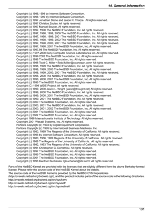 Page 101Parts of the NetBSD Kernel are provided with the licenses that are slightly different from the above Berkeley-formed
license. Please refer the source code of the NetBSD Kernel about the details.
The source code of the NetBSD Kernel is provided by the NetBSD CVS Repositories 
( http://cvsweb.netbsd.org/bsdweb.cgi/), and this product includes parts of the source code in the following directories.
http://cvsweb.netbsd.org/bsdweb.cgi/src/sys/kern/
http://cvsweb.netbsd.org/bsdweb.cgi/src/sys/net/...