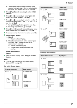 Page 37RThe scanning area changes according to the
selected setting in step  4. See the following table
for details. The shaded area will be scanned.
2 Press  MPage Layout N repeatedly to select  “PAGE
LAYOUT ”.
3 Press  MC N or  MD N repeatedly to select  “QUIK ID
COPY ” or  “IMAGE REPEAT ”.  A  M Set N
4 Press  MC N or  MD N repeatedly to select the number of
original documents from  “2 in 1 ”,  “4 in 1 ” or  “8
in 1 ”.  A  M Set N
R For quick ID copy feature, go to the next step.
R For image repeat feature,...