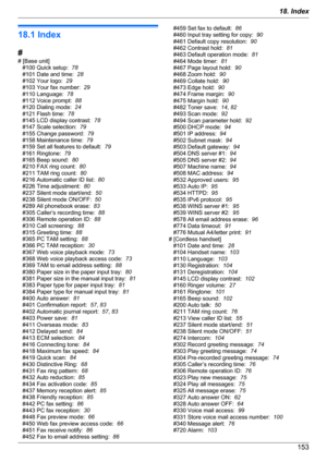 Page 15318.1 Index
#
# [Base unit] #100 Quick setup:   78
#101 Date and time:   28
#102 Your logo:   29
#103 Your fax number:   29
#110 Language:   78
#112 Voice prompt:   88
#120 Dialing mode:   24
#121 Flash time:   78
#145 LCD display contrast:   78
#147 Scale selection:   79
#155 Change password:   79
#158 Maintenance time:   79
#159 Set all features to default:   79
#161 Ringtone:   79
#165 Beep sound:   80
#210 FAX ring count:   80
#211 TAM ring count:   80
#216 Automatic caller ID list:   80
#226 Time...