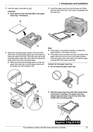 Page 173Load the paper, print-side up ( B).
Important:
R Push down to lock the plate ( C) in the paper
input tray, if necessary.
4 Adjust the recording paper guides. Pinch the front
side of the recording paper guide ( D), then slide it to
match the paper size mark. Pinch the right side of the
recording paper guide ( E), then slide it to adjust the
width to the size of the recording paper.
R Make sure that the recording paper is under the
paper limit mark ( F), and the paper should not
be loaded over the...