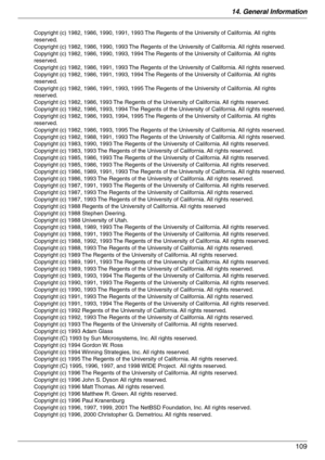 Page 10914. General Information
109
Copyright (c) 1982, 1986, 1990, 1991, 1993 The Regents of the University of California. All rights 
reserved.
Copyright (c) 1982, 1986, 1990, 1993 The Regents of the University of California. All rights reserved.
Copyright (c) 1982, 1986, 1990, 1993, 1994 The Regents of the University of California. All rights 
reserved.
Copyright (c) 1982, 1986, 1991, 1993 The Regents of the University of California. All rights reserved.
Copyright (c) 1982, 1986, 1991, 1993, 1994 The Regents...