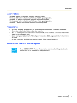 Page 3AbbreviationsWindows ®
 refers to the Microsoft ®
 Windows ®
 operating system.
Windows ®
 2000 refers to the Microsoft ®
 Windows ®
 2000 operating system.
Windows ®
 XP refers to the Microsoft ®
 Windows ®
 XP operating system.
Windows Vista ®
 refers to the Microsoft ®
 Windows Vista ®
 operating system.
Windows ®
 7 refers to the Microsoft ®
 Windows ®
 7 operating system.
Trademarks •Microsoft, Windows, Windows Vista are either registered trademarks or trademarks of Microsoft
Corporation in the...