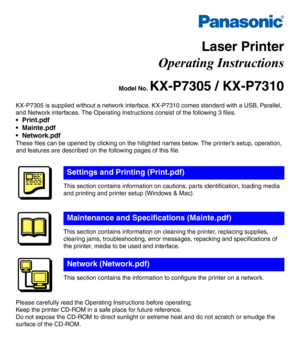 Page 1This section contains information on cautions, parts identification, loading media 
and printing and printer setup (Windows & Mac).
This section contains information on cleaning the printer, replacing supplies, 
clearing jams, troubleshooting, error messages, repacking and specifications of 
the printer, media to be used and interface.
This section contains the information to configure the printer on a network.
Settings and Printing (Print.pdf)
Maintenance and Specifications (Mainte.pdf)
Network...