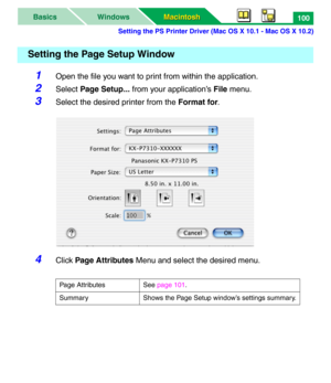 Page 105Setting the PS Printer Driver (Mac OS X 10.1 - Mac OS X 10.2)
Macintosh Macintosh WindowsBasics100
1Open the file you want to print from within the application.
2Select Page Setup... from your application’s File menu.
3Select the desired printer from the Format for.
4Click Page Attributes Menu and select the desired menu.
Setting the Page Setup Window
Page Attributes See page 101.
Summary Shows the Page Setup window’s settings summary. 