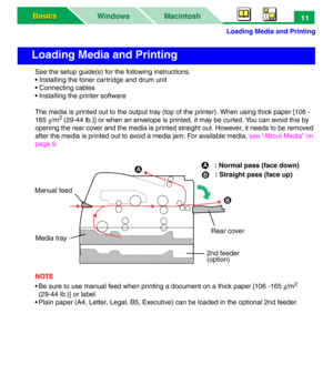 Page 16Loading Media and Printing
Macintosh WindowsBasics Basics11
See the setup guide(s) for the following instructions.
• Installing the toner cartridge and drum unit
• Connecting cables
• Installing the printer software
The media is printed out to the output tray (top of the printer). When using thick paper [106 -
165 g/m
2 (29-44 lb.)] or when an envelope is printed, it may be curled. You can avoid this by 
opening the rear cover and the media is printed straight out. However, it needs to be removed 
after...