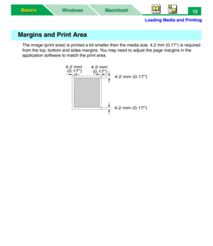 Page 17Loading Media and Printing
Macintosh WindowsBasics Basics12
The image (print area) is printed a bit smaller than the media size. 4.2 mm (0.17″) is required 
from the top, bottom and sides margins. You may need to adjust the page margins in the 
application software to match the print area.
Margins and Print Area
4.2 mm 
(0.17
″)
4.2 mm (0.17
″)
4.2 mm (0.17
″)
4.2 mm 
(0.17
″) 