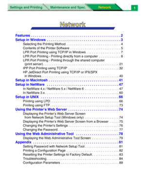 Page 184Settings and Printing
Network Network Maintenance and Spec.1
Features  . . . . . . . . . . . . . . . . . . . . . . . . . . . . . . . . . . . . . . . . . . . . . . 2
Setup in Windows  . . . . . . . . . . . . . . . . . . . . . . . . . . . . . . . . . . . . . . 3
Selecting the Printing Method  . . . . . . . . . . . . . . . . . . . . . . . . . . . . . . 4
Contents of the Printer Software  . . . . . . . . . . . . . . . . . . . . . . . . . . . . 5
LPR Port Printing using TCP/IP in Windows . . . . . . . . . . ....