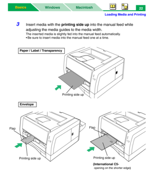 Page 27Loading Media and Printing
Macintosh WindowsBasics Basics22
3Insert media with the printing side up into the manual feed while 
adjusting the media guides to the media width.
The inserted media is slightly fed into the manual feed automatically.
• Be sure to insert media into the manual feed one at a time.
Printing side up
Paper / Label / Transparency
Envelope
Printing side up
Flap
(International C5-
 
opening on the shorter edge)
Printing side up
Flap 