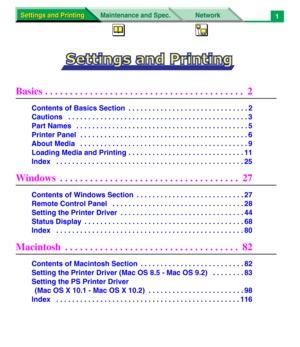 Page 6Settings and Printing Settings and PrintingNetwork Maintenance and Spec.1
Basics . . . . . . . . . . . . . . . . . . . . . . . . . . . . . . . . . . . . . . . .  2
Contents of Basics Section  . . . . . . . . . . . . . . . . . . . . . . . . . . . . . . 2
Cautions   . . . . . . . . . . . . . . . . . . . . . . . . . . . . . . . . . . . . . . . . . . . . . 3
Part Names   . . . . . . . . . . . . . . . . . . . . . . . . . . . . . . . . . . . . . . . . . . . 5
Printer Panel  . . . . . . . . . . . . . . . . . ....