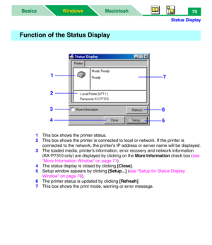 Page 75Status Display
MacintoshBasics
Windows Windows70
1This box shows the printer status.
2This box shows the printer is connected to local or network. If the printer is 
connected to the network, the printer’s IP address or server name will be displayed.
3The loaded media, printer’s information, error recovery and network information 
(KX-P7310 only) are displayed by clicking on the More Information check box (see 
“More Information Window” on page 71).
4The status display is closed by clicking [Close]....