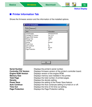 Page 77Status Display
MacintoshBasics
Windows Windows72
■Printer Information Tab
Shows the firmware version and the information of the installed options.
Serial NumberDisplays the printer’s serial number.
Controller FW Version  Displays firmware version of the printer’s controller board.
Engine ROM Version Displays version of the engine ROM.
Memory Size  Displays memory size installed in the printer.
To t a l  P a g e  Displays the total number of printed pages.
DensityDisplays the density setting.
Power Save...