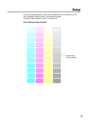 Page 5757
Setup
Color Calibration Page (Example): The current density setting for each color is indicated by the line enclosure on the
Color Calibration Page as shown in the following example.
The factory default setting for each color density is 0.
Current color
density settings 