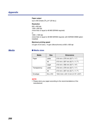 Page 206206 Appendix
Paper output
Up to 500 sheets [75 g/m
2 (20 lbs.)]
Resolution
600 x 600 dpi, 
1200 x 600 dpi 
(more than or equal to 48 MB SDRAM required)
or 
1200 x 1200 dpi 
(more than or equal to 48 MB SDRAM required, with SDRAM DIMM option 
installed)
Maximum printing speed
3.5 ppm (Full Color), 14 ppm (Monochrome) at 600 x 600 dpi
n Media sizes
NOTE:
•Please store your paper according to the recommendations of the 
manufacturer.
MediaSizeDimensions
Paper Letter 216 mm x 279 mm (8.5 x 11)
A4 210 mm x...