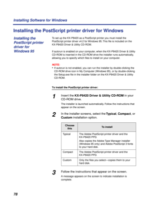 Page 78 
78 Installing Software for Windows 
Installing the PostScript printer driver for Windows 
To set up the KX-P8420 as a PostScript printer you must install the 
PostScript printer driver v4.2 for Windows 95. This ﬁle is included on the 
KX-P8420 Driver & Utility CD-ROM.
If autorun is enabled on your computer, when the KX-P8420 Driver & Utility 
CD-ROM is inserted in the CD-ROM drive the installer runs automatically, 
allowing you to specify which ﬁles to install on your computer.
NOTE:
 
• 
If autorun is...