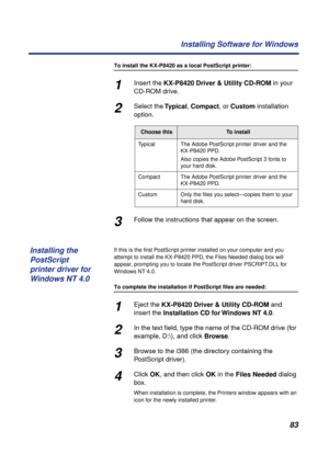 Page 8383 Installing Software for Windows
To install the KX-P8420 as a local PostScript printer:
1Insert the KX-P8420 Driver & Utility CD-ROM in your 
CD-ROM drive.
2Select the Typical, Compact, or Custom installation 
option.
3Follow the instructions that appear on the screen.
If this is the ﬁrst PostScript printer installed on your computer and you 
attempt to install the KX-P8420 PPD, the Files Needed dialog box will 
appear, prompting you to locate the PostScript driver PSCRIPT.DLL for 
Windows NT 4.0.
To...