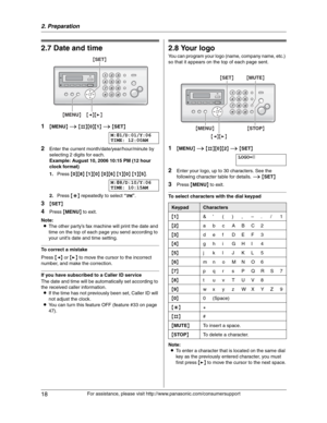 Page 182. Preparation
18
For assistance, please visit http://www.panasonic.com/consumersupport
Initial P rogramming
2.7 Date and time
1{MENU}i{#}{0}{1}i{SET}
M:|
01/D:01/Y:06
TIME: 12:00AM
2Enter the current month/date/year/hour/minute by 
selecting 2 digits for each.
Example: August 10, 2006 10:15 PM (12 hour 
clock format)
1.Press {0}{8}{1}{0}{0}{6}{1}{0}{1}{5}.
M:|
08/D:10/Y:06
TIME: 10:15AM
2.Press {*} repeatedly to select “PM”.
3{SET}
4Press {MENU} to exit.
Note:
LThe other party’s fax machine will print...