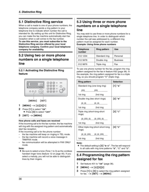 Page 365. Distinctive Ring
36
5 Distinctive Ring Distinctive Ring
5.1 Distinctive Ring service
When a call is made to one of your phone numbers, the 
telephone company sends a ring pattern to your 
telephone line to indicate which number the call is 
intended for. By setting up this unit for Distinctive Ring, 
you can make the fax machine automatically start fax 
reception when a call comes to the fax number.
To use this service, you must subscribe to the 
Distinctive Ring service offered by your local...