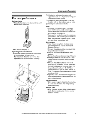 Page 7Important Information
5
For assistance, please visit http://www.panasonic.com/consumersupport
For  Be st  Pe rfo r ma nce
For best performance
Battery charge
LPlace the handset on the charger for about 6 
hours before initial use.
LFor details, see page 23.
Operating distance and noise
LThe base unit and handset use radio waves 
to communicate with each other.
For maximum distance and noise-free 
operation, we recommend the following:Note:
LIf you use the handset near a microwave 
oven which is being...