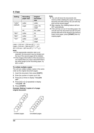 Page 686. Copy
66
Letter = 216 mm × 279 mm (81/2 × 11)
Legal = 216 mm × 356 mm (81/2 × 14)
A4 = 210 mm × 297 mm (81/4 × 1111/16)
Note:
LIf the appropriate reduction rate is not 
selected, the document may be divided and 
the top of the second page will be deleted.
LIf the image at the bottom of the document is 
not copied when you copy a document that is 
the same length as the recording paper, try 
92% or 86%.
To collate multiple copies
The unit can collate multiple copies in the same 
order as the original...