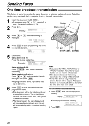 Page 3232
Sending Faxes
FACE DOWN
SET
Display
Station keys
STOPLOWER
1
Insert the document FACE DOWN.
lIf necessary, press orrepeatedly to
select the desired resolution (p. 29).
2
Press .
Display:
3
Press  or until the following is
displayed.
4
Press  to start programming the items
you want to transmit.
5
Enter items.
Using stations 2–7:
Press the desired station key.
Example:
Using stations 8–14: 
Press  , then press the desired
station key.
Using navigator directory:
Press  or until the desired item is...