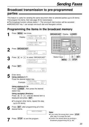 Page 3333
Sending Faxes
Broadcast transmission to pre-programmed 
parties!
This feature is useful for sending the same document often to selected parties (up to 20 items).
First program the 
items, then see page 35 for transmission.
l The broadcast function utilizes station 1. The one-touch dial function will be canceled.
l BROADCASTkey 1 can accept one-touch dial and Navigator entries.
Programming the items in the broadcast memory
STOP
SET
MENU
DisplayLOWERBROADCAST
Station keys
1
Press two times.
Display:
2...