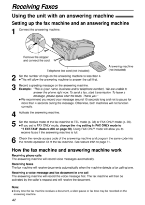 Page 42How the fax machine and answering machine work
Receiving phone calls
The answering machine will record voice messages automatically.
Receiving faxes
Thefax machine willreceive documentsautomatically whenthe machine detects afaxcallingtone.
Receiving a voice message and fax document in one call
The answering machine will record the voice message first. The fax machine will then be
activated by the caller’s request and will receive the document.
Note:
l Every time the fax machine receives a document, a...