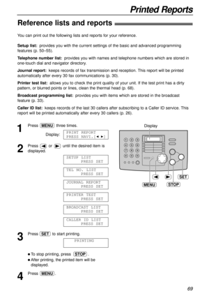 Page 6969
Printed Reports
Reference lists and reports!
STOP
SET
MENU
Display
1
Press three times.
Display:
2
Press or  until the desired item is
displayed.
3
Press  to start printing.
l To stop printing, press  .
lAfter printing, the printed item will be
displayed.
4
Press .MENU
STOP
PRINTING
SET
CALLER ID LIST
PRESS SET
BROADCAST LIST
PRESS SET
PRINTER TEST
PRESS SET
JOURNAL REPORT
PRESS SET
TEL NO. LIST
PRESS SET
SETUP LIST
PRESS SET
PRINT REPORT
PRESS NAVI.[
IH]
MENU
You can print out the following lists and...