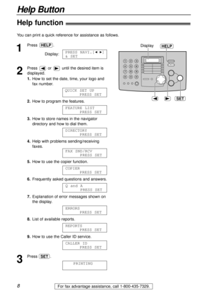 Page 88
Help Button
For fax advantage assistance, call 1-800-435-7329.
Help function!
1
Press .
Display:
2
Press or until the desired item is
displayed.
1.How to set the date, time, your logo and
fax number.
2.How to program the features.
3.How to store names in the navigator
directory and how to dial them.
4.Help with problems sending/receiving
faxes.
5.How to use the copier function.
6.Frequently asked questions and answers.
7.Explanation of error messages shown on
the display.
8.List of available reports....