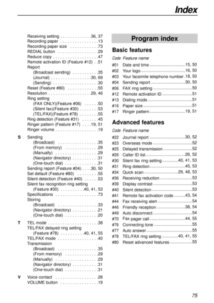 Page 75Index
75
Receiving setting . . . . . . . . . . . . .36, 37
Recording paper . . . . . . . . . . . . . . . .13
Recording paper size  . . . . . . . . . . . .73
REDIALbutton . . . . . . . . . . . . . . . . .29
Reduce copy . . . . . . . . . . . . . . . . . . .47
Remote activation ID (Feature #12) . .51
Report 
(Broadcast sending) . . . . . . . . . . .35
(Journal) . . . . . . . . . . . . . . . . .30, 69
(Sending) . . . . . . . . . . . . . . . . . . .30
Reset (Feature #80) . . . . . . . . . . . . .55
Resolution...