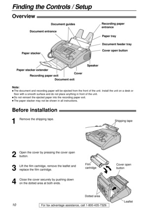 Page 1010
Finding the Controls / Setup
For fax advantage assistance, call 1-800-435-7329.
Overview!
Recording paper 
entrance
Paper tray Document guides
Document entrance
Speaker
Recording paper exitCover open button Document feeder tray
Cover
Document exit
Paper stacker extender
Paper stacker
Note:
l The document and recording paper will be ejected from the front of the unit. Install the unit on a desk or
floor with a smooth surface and do not place anything in front of the unit.
l Do not reinsert the ejected...