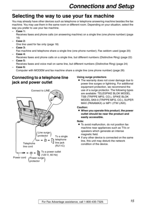 Page 15Connections and Setup
15For Fax Advantage assistance, call 1-800-435-7329.
Connections and Setup
Selecting the way to use your fax machine
You may already have other devices such as telephone or telephone answering machine besides the fax 
machine. You may use them in the same room or different room. Depending on your situation, select the 
way you prefer to use your fax machine.
–Case 1: 
Receives faxes and phone calls (on answering machine) on a single line (one phone number) (page 
16)
–Case 2: 
One...