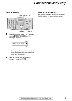 Page 19Connections and Setup
19For Fax Advantage assistance, call 1-800-435-7329.
How to set up
1Set the fax machine to FAX ONLY mode by 
pressing {RECEIVE MODE} until the 
following is displayed.
LThe display will show the number of 
rings before the fax machine answers a 
call in FAX ONLY mode.
2Press {+} or {-} to change the ring 
setting to 2 and press {SET}.
How to receive calls
Just leave it. When the other party sends a fax, 
the fax machine will receive it automatically.
{SET} {+}{-}
{RECEIVE MODE}
FAX...